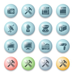 Home appliances icons on color buttons.