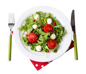 Green salad made with  arugula, tomatoes, cheese mozzarella