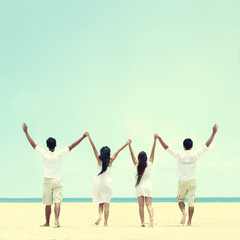 Obraz premium best friend in white together holding and raise each other hand