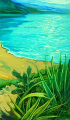 sea landscape with a beach, painting,  illustration