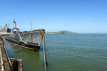 USS Pampanito submarine and Alcatraz Island, San Francisco