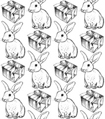 Sketch rabbit and present, vector vintage seamless pattern