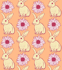 Sketch rabbit and chamomile, vector vintage seamless pattern