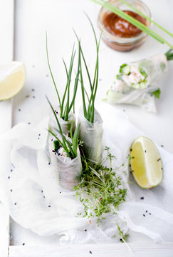 Fresh spring rolls on a white background