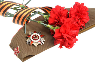 Military cap, order of Great Patriotic war, flowers, Saint Georg