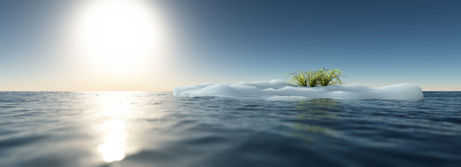 Iceberg with green grass floating in ocean. Clear blue sky. Glob
