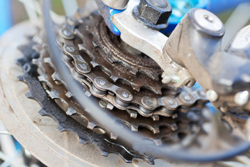 Part of bicycle closeup,  gears and chain