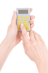 woman using pocket calculator isolated on white