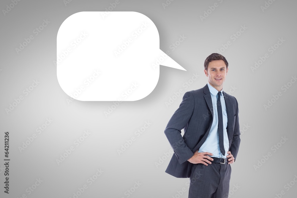 Poster Composite image of smiling businessman with speech bubble with h