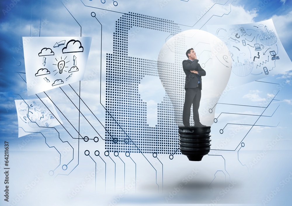 Poster composite image of thinking businessman in light bulb