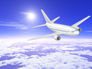 Fototapeta na wymiar Airplane is in the sunny sky above the clouds.