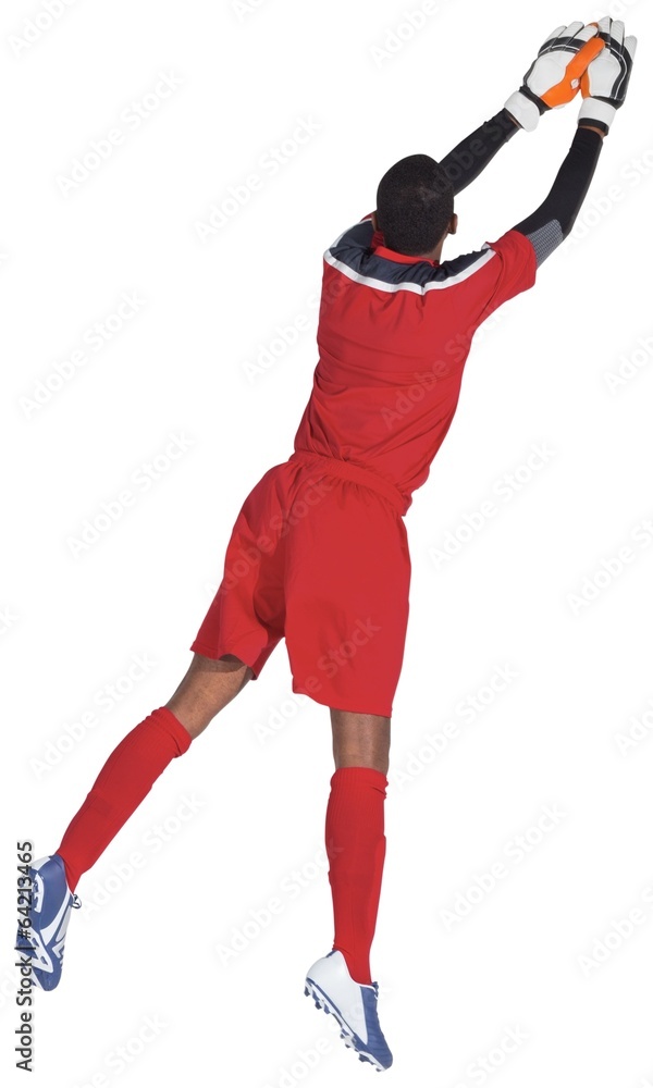 Poster goalkeeper in red making a save