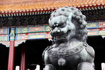 Fototapeta premium Lion made from copper taken in front of the Forbidden City