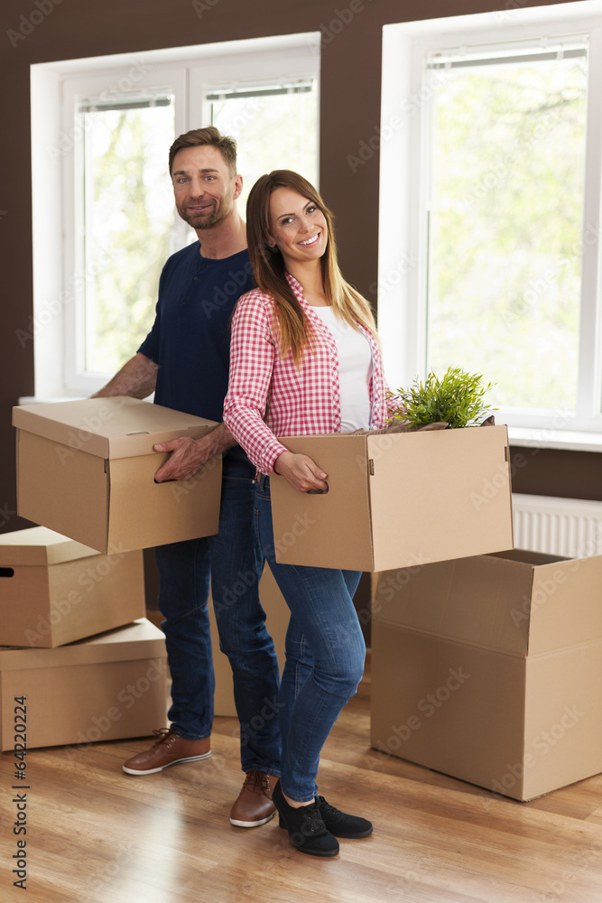 Wall mural portrait of smiling couple during moving home .