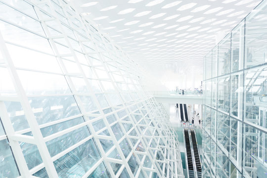 Abstract architectural wall of glass and steel in modern office