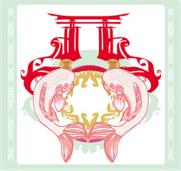 japanese koi and ancient building - abstract frame