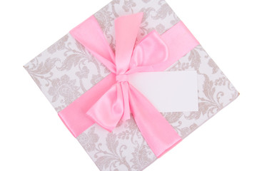 close up of gift box with empty greeting card
