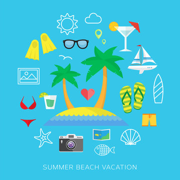 Summer vacation flat vector icon set