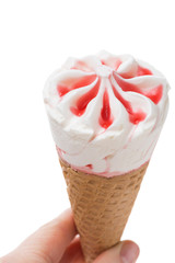 strawberry ice cream in a waffle cone in hand, isolated