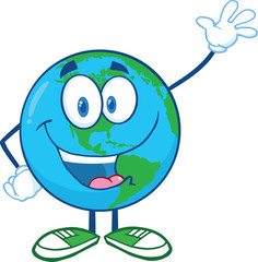 Earth Cartoon Mascot Character Waving For Greeting