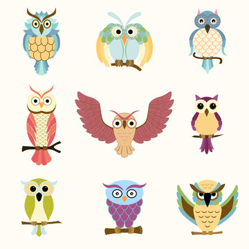 Set of nine cartoon colorful owls