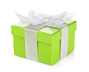Green gift box with silver ribbon and bow