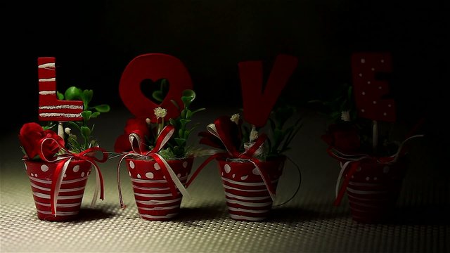 Handmade letters L O V E in flower pot. Wedding flowers.