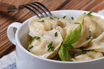 dumplings closeup in white bowl closeup. horizontal