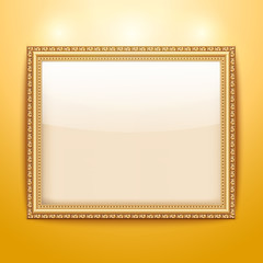Empty gold frame hanging on the wall. Vector