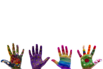 Child's hands painted watercolor on white background