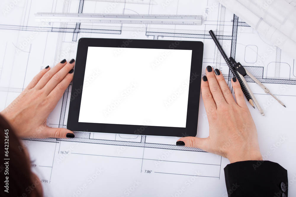 Poster architect with digital tablet and blueprint