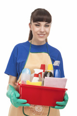 Happy Caucasian Female Servant With Cleaning Accessories