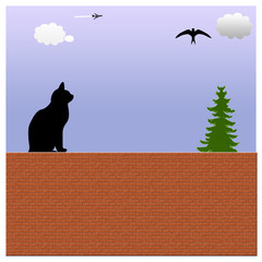 Chat sur un mur de briques, printemps © ftrouillas