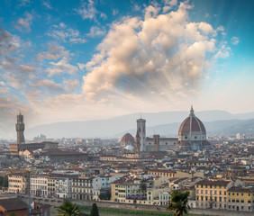 Fototapeta na wymiar Florence, Tuscany. Aerial view of main city landmarks at sunset