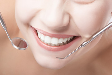 Smiling Healthy Woman Mouth Closeup With Dentist Mirror and Spat