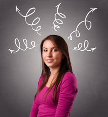 Young woman thinking with arrows overhead