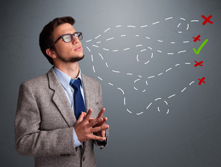 Young man choosing between right and wrong sings