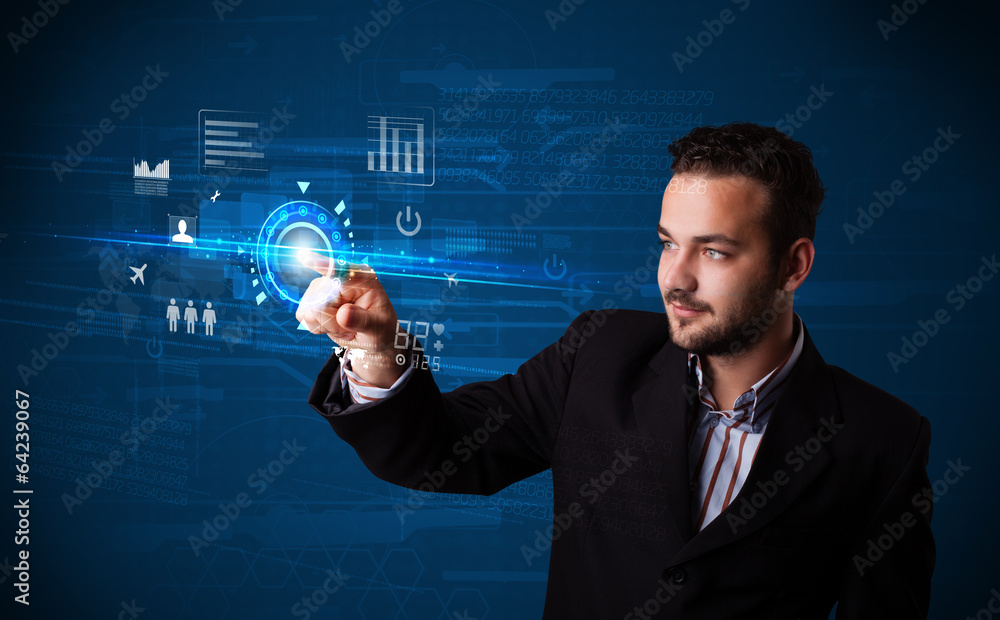Poster handsome businessman touching future web technology buttons and