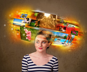 girl with colorful glowing photo memories concept