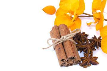 Cinnamon sticks, star anise and orchid isolated over a white