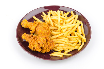 French fries and fried chicken isolated white background