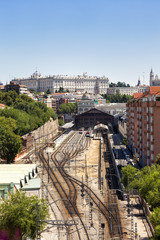 Naklejka premium Madrid view, with Prince Pio railway station and Royal palace