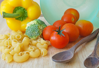 Macaroni ingredients concept (view from top)
