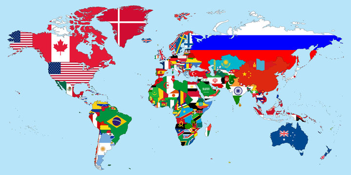 Illustration of the countries national flags on the world map