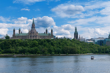 Canadian Parliament Hill viewed from across Ottawa river during