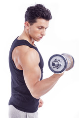 Young muscular man lifting weights, isolated on white