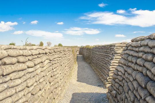 trench world war sandbags and blue sky