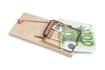 Euro banknote in mouse trap isolated on white with clipping path