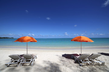Parasols on Mont-Choisy beach, Mauritius island