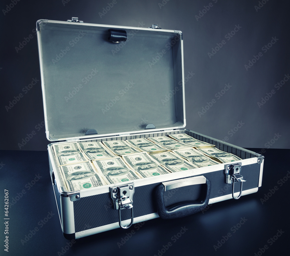 Wall mural case full of money on gray background